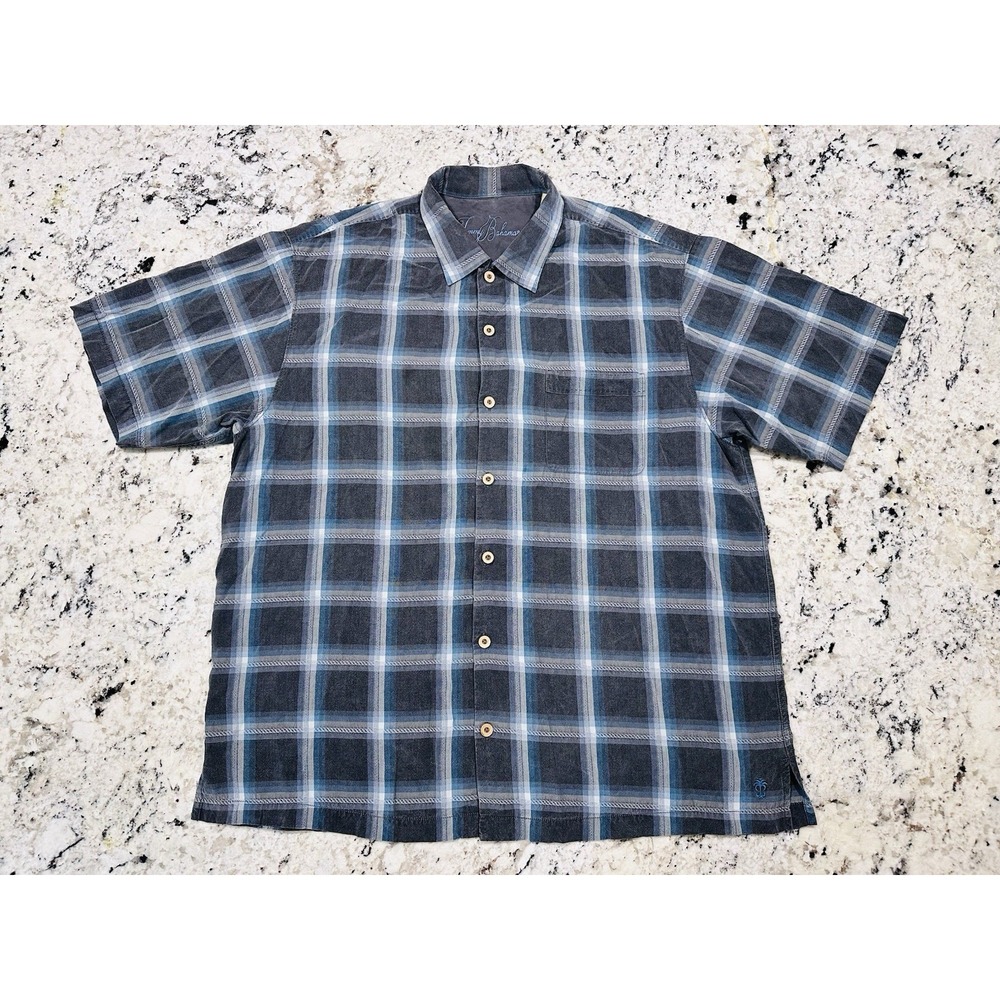 VINTAGE Tommy Bahama SS Button Shirt Mens XL Gray Blue 100% Silk Embroidered Y2K